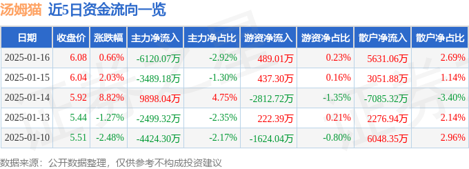 股票行情快报：汤姆猫（300459）1月16日主力资金净卖出6120.07万元