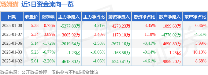 股票行情快报：汤姆猫（300459）1月8日主力资金净卖出5377.83万元