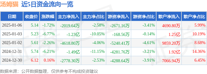 股票行情快报：汤姆猫（300459）1月6日主力资金净卖出2019.64万元
